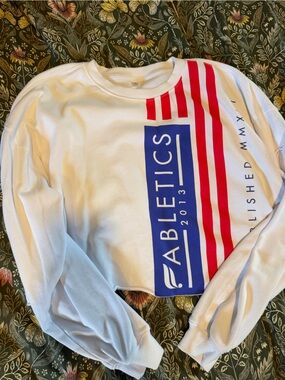 Fabletics White Crewneck Sweatshirt with Red & Blue Stripes